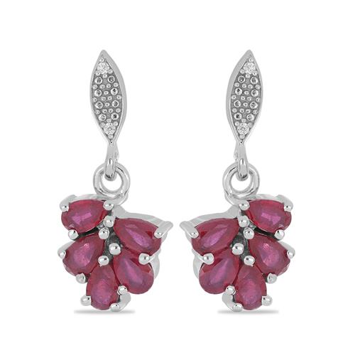 BUY GLASS FILLED RUBY WITH WHITE ZIRCON GEMSTONE CLASSIC EARRINGS IN STERLING SILVER